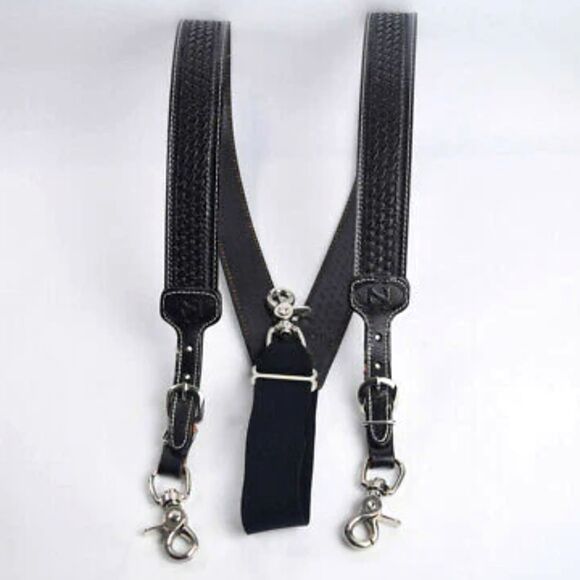 NEW Nocono WESTERN LEATHER SUSPENDERS-N8512401 Black Basket Weave Pattern - Picture 1 of 2